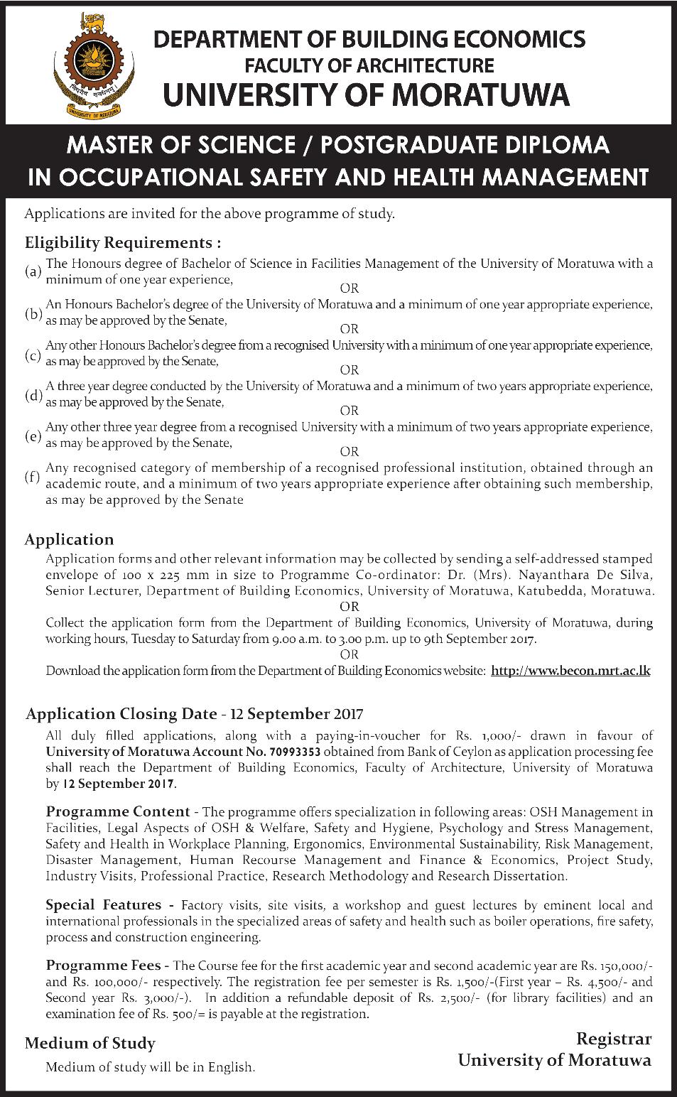 Master of Science / Postgraduate Diploma in Occupational Safety & Health Management - Faculty of Architecture - University of Moratuwa